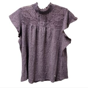 NWT Adrienne Vittadini Women's Flutter Sleeve Mock Neck Top with Lace Yoke